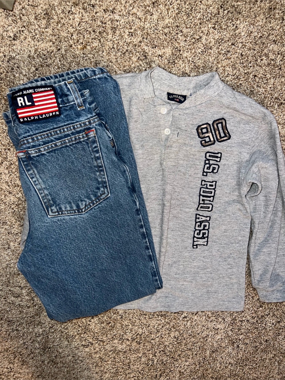 Vintage Ralph Lauren Kids Bundle Grey Polo Henley - Denim Jeans Flag Patch 12